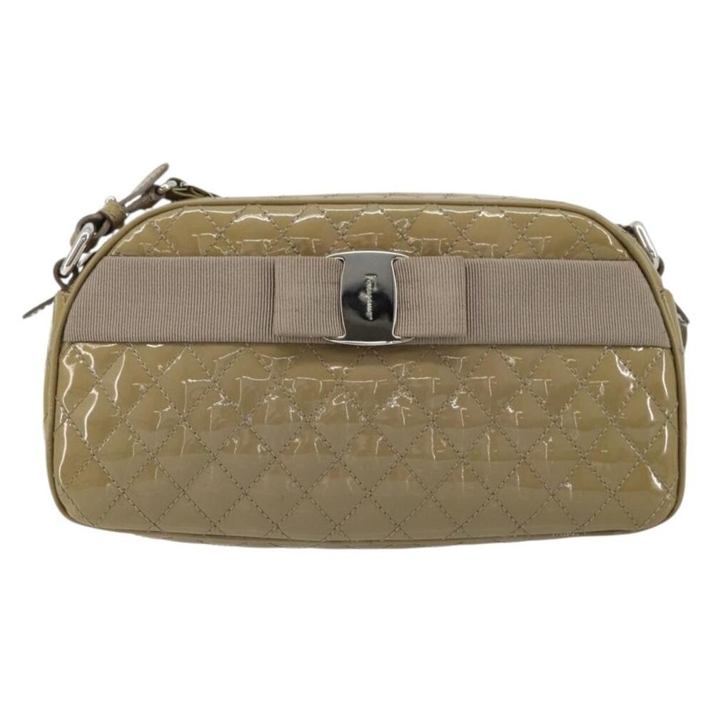 Salvatore Ferragamo Patent Leather Vara Chain Shoulder Bag Silver